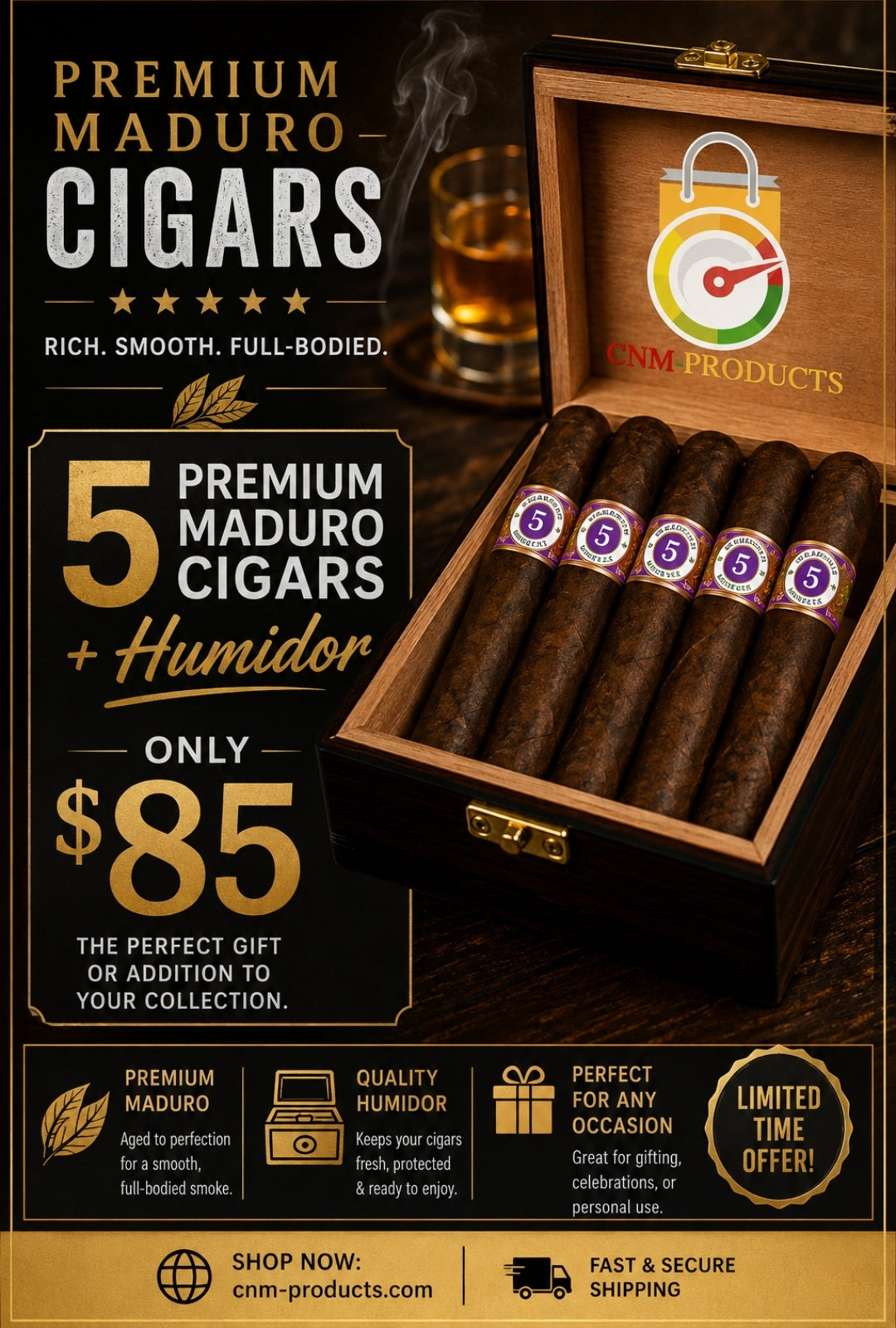 5 Premium Maduro Cigars + Humidor