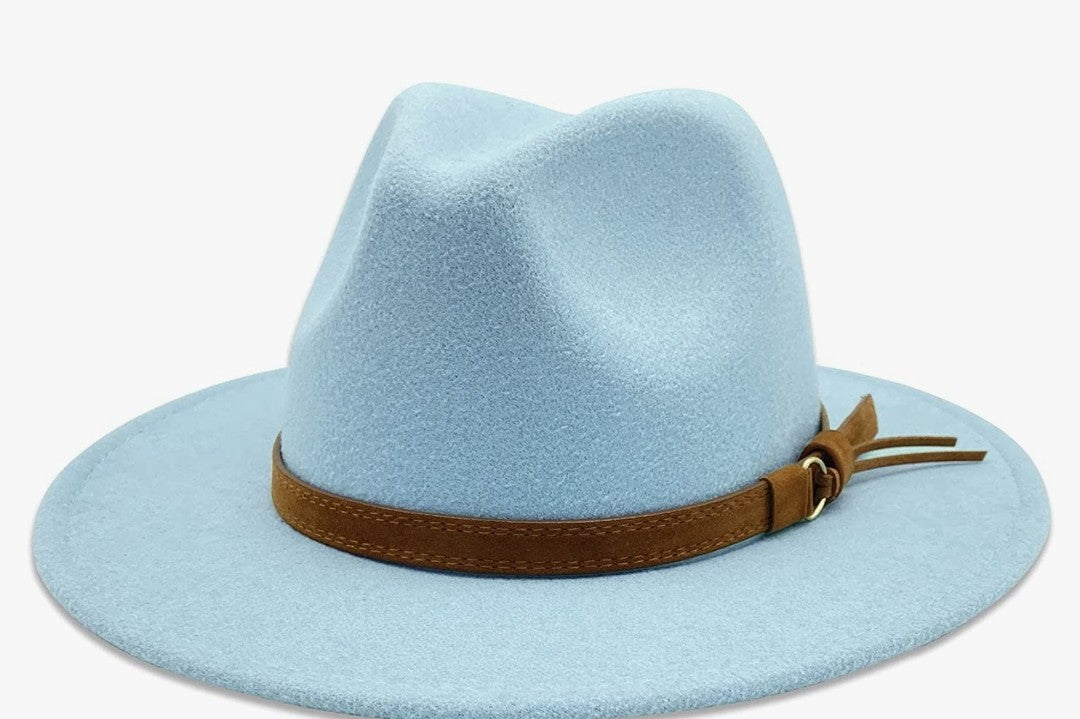 Light Blue Fedora with Brown Buckle